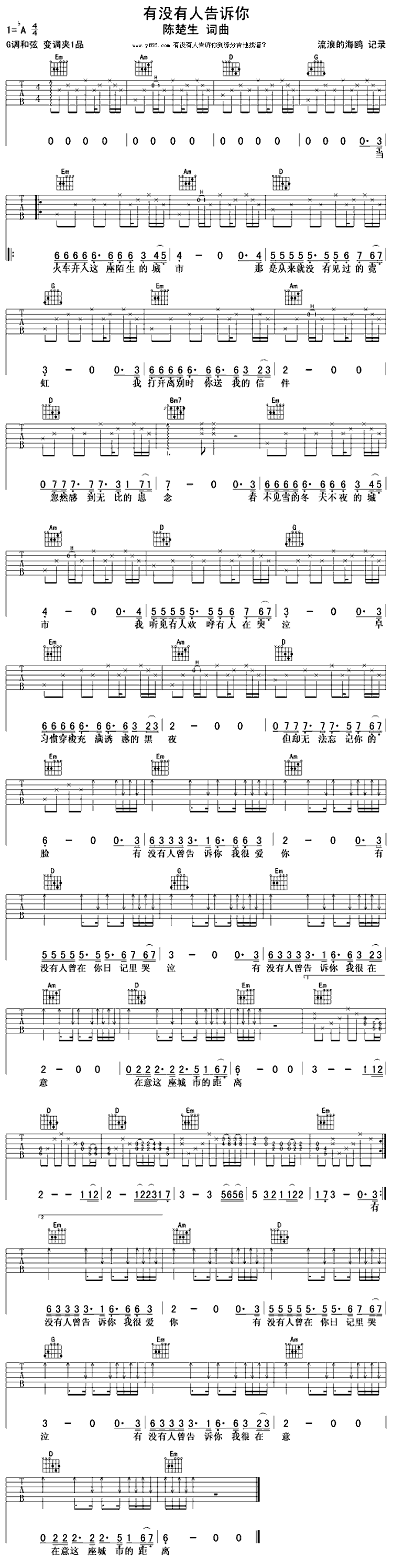 有没有人告诉你 吉他谱