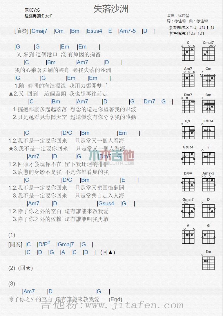 失落沙洲 吉他谱