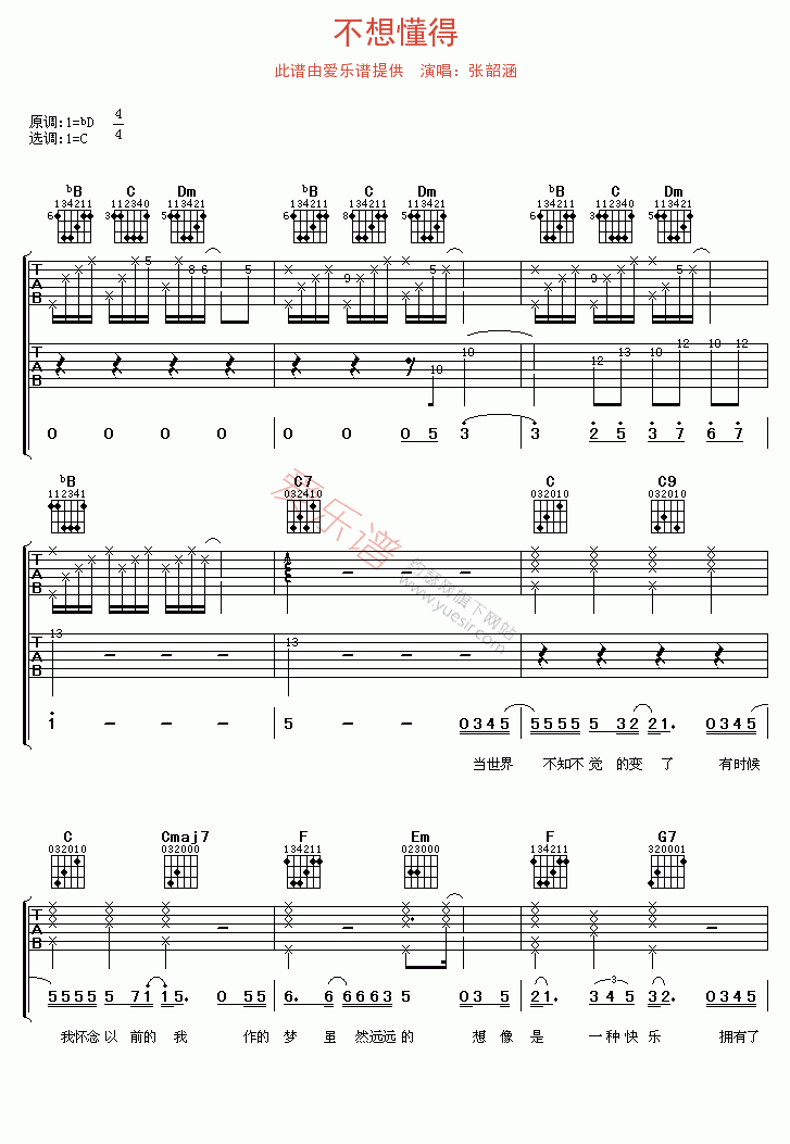 张韶涵《不想懂得》 吉他谱