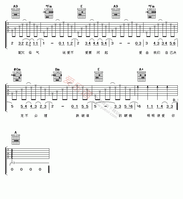 黄品冠、梁静茹《明明很爱你》 吉他谱