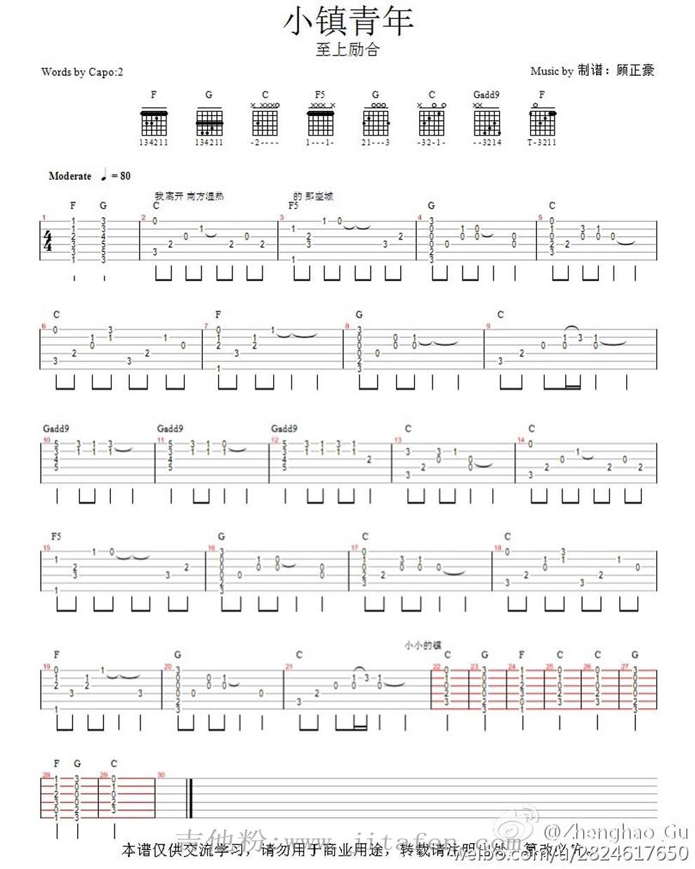 小镇青年 入门版六线谱 至上励合吉他图谱 吉他谱