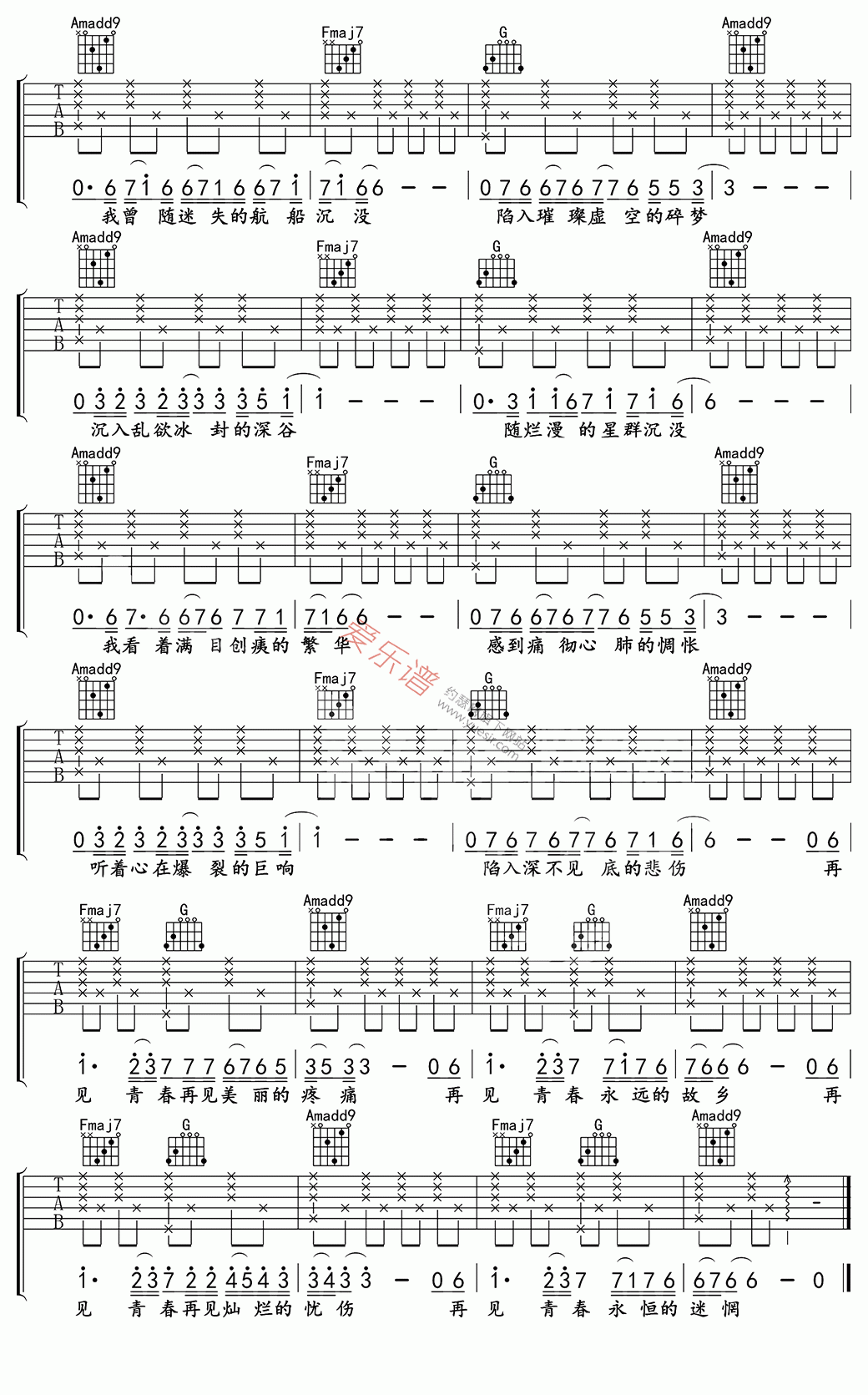 汪峰《再见青春(高清版)》 吉他谱