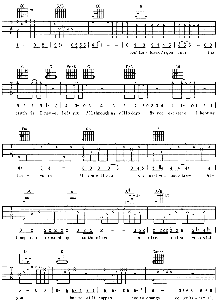 阿根廷别为我哭泣(《贝隆夫人》主题歌) 吉他谱