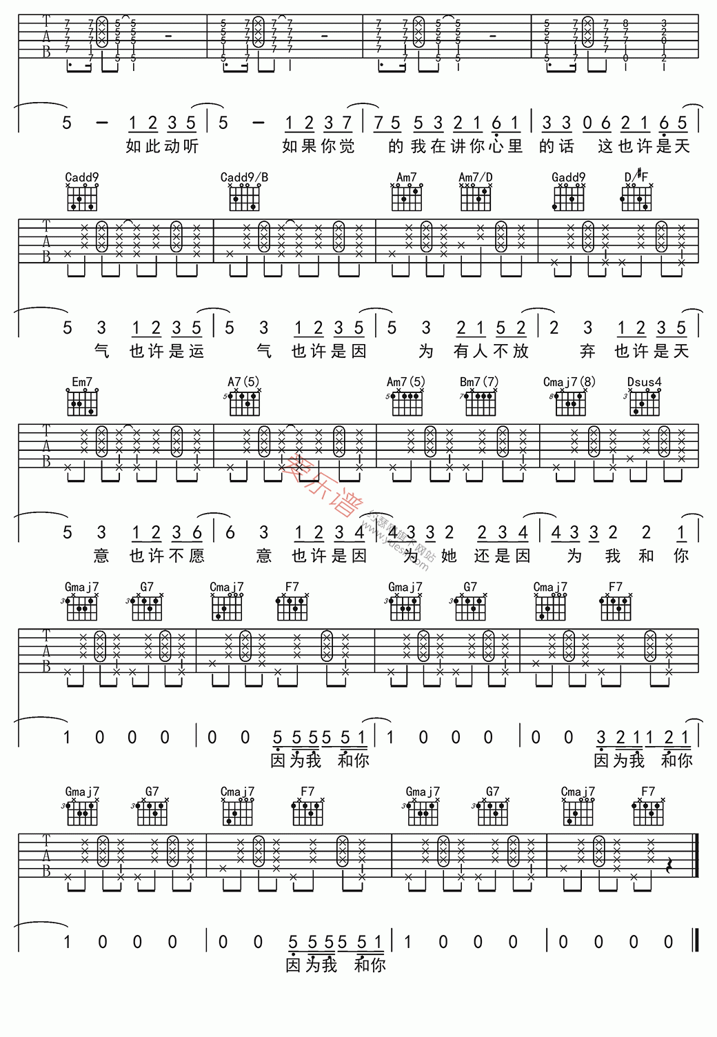 方大同《因为你》 吉他谱