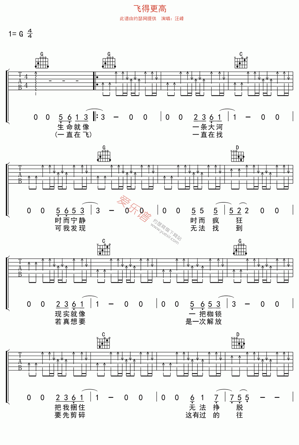 汪峰《飞得更高》 吉他谱
