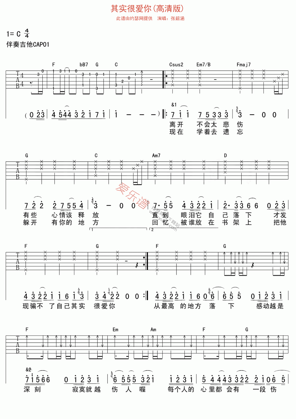 张韶涵《其实很爱你(高清版)》 吉他谱