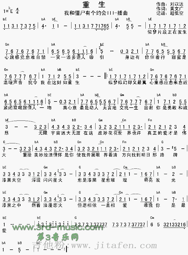 重生(《我和僵尸有个约会》Ⅲ插曲、粤语) 吉他谱