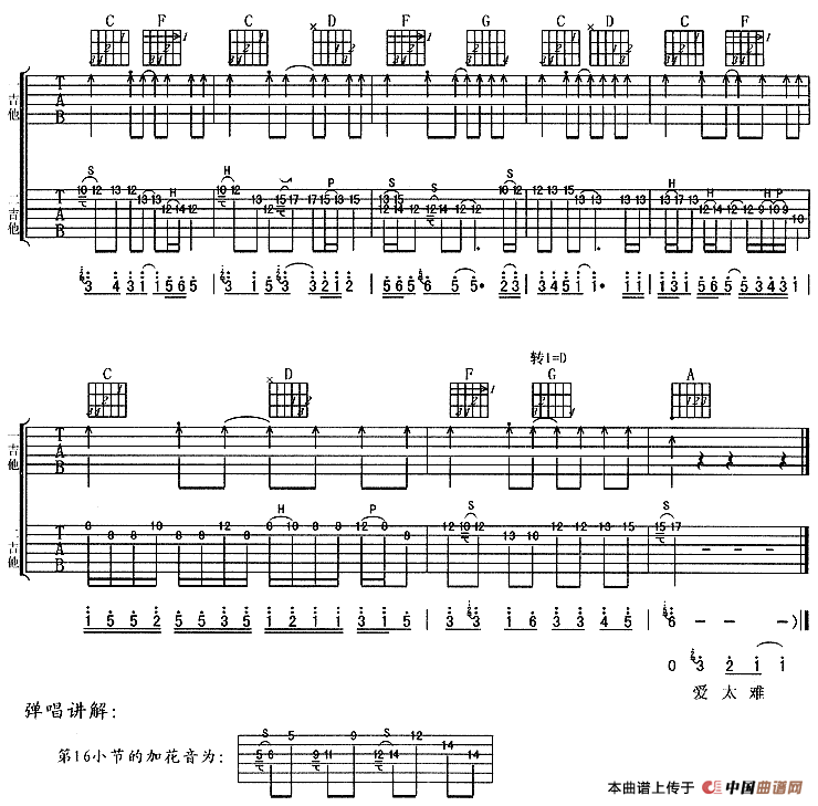 爱太难 吉他谱