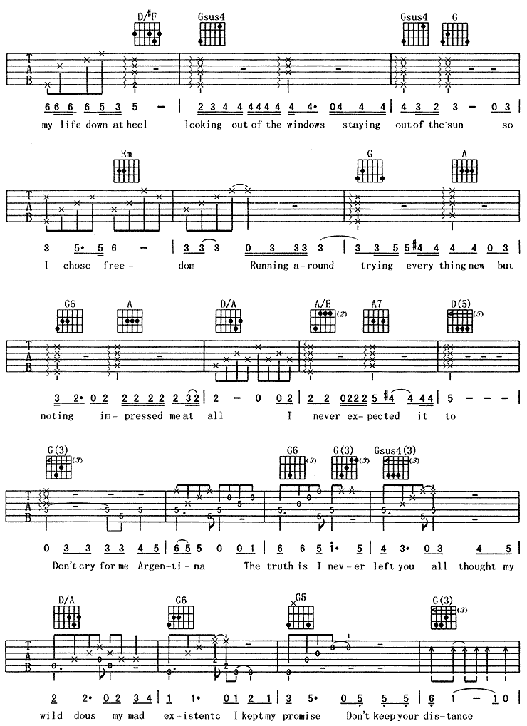 阿根廷别为我哭泣(《贝隆夫人》主题歌) 吉他谱