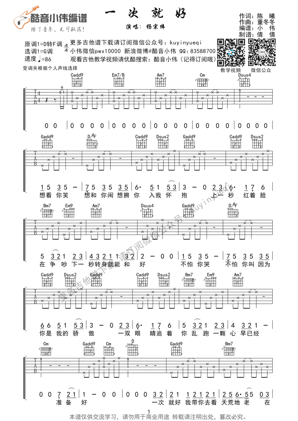 一次就好(简单版)(小伟) 吉他谱