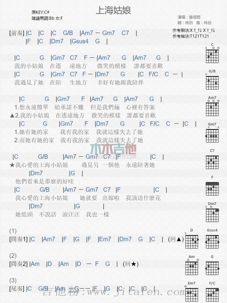 上海姑娘 吉他谱