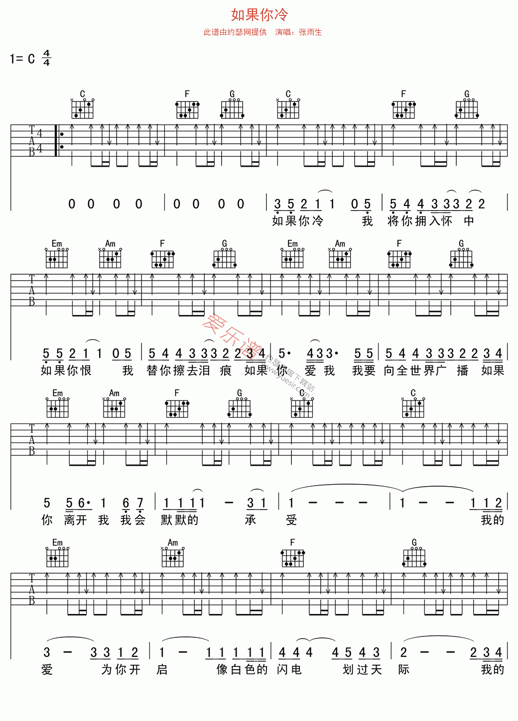 张雨生《如果你冷》 吉他谱