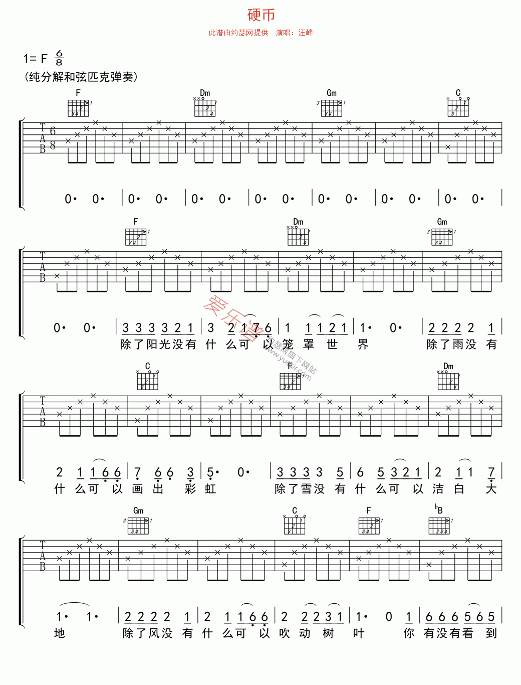 汪峰《硬币》 吉他谱