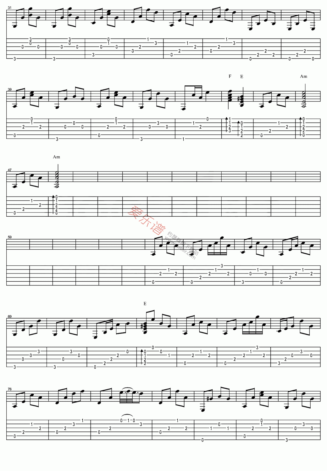 阿杜《离别(指弹版)》 吉他谱