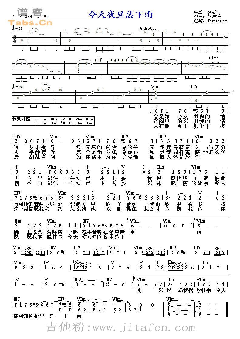 今天夜里总下雨   吉他谱
