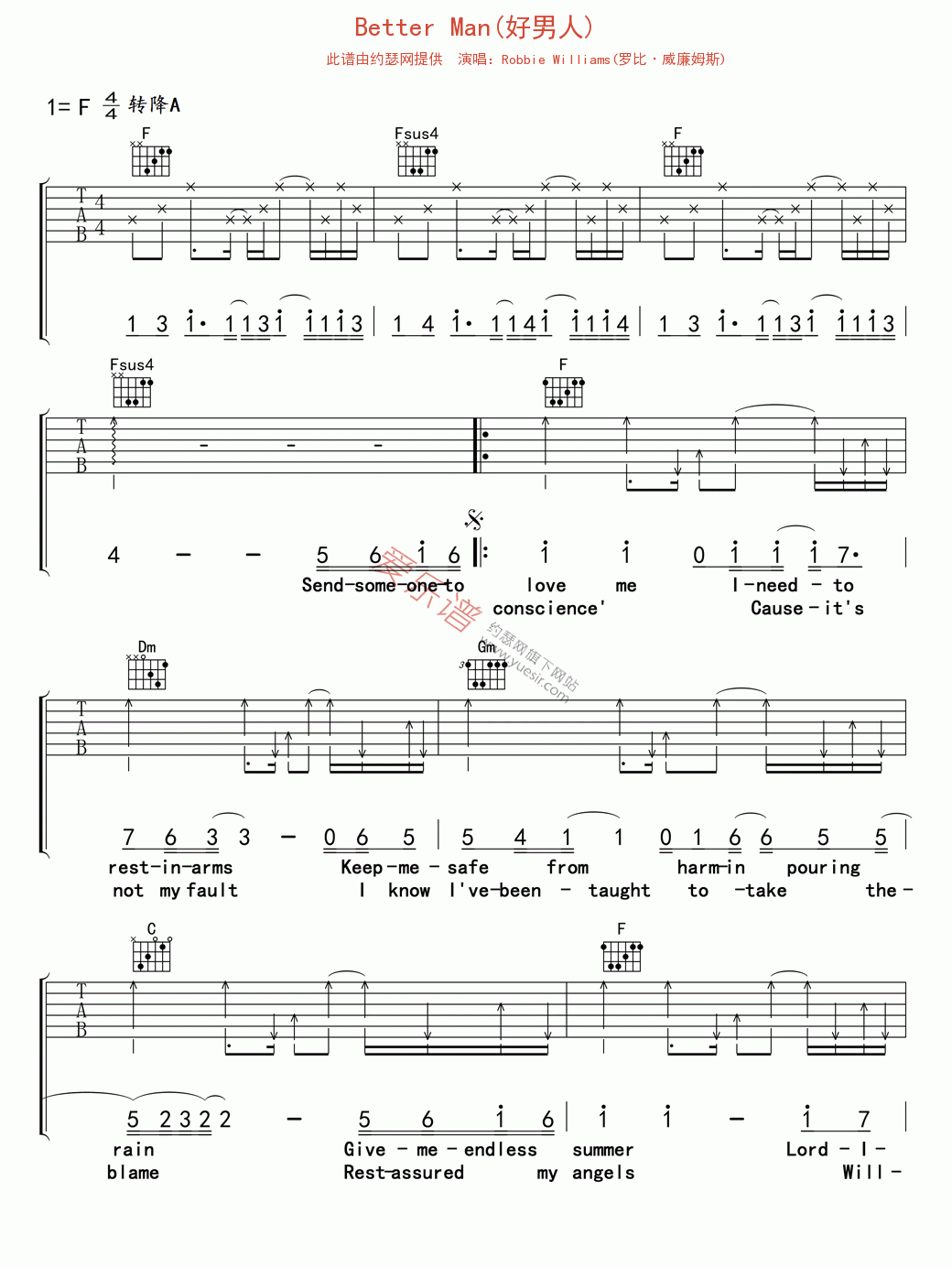 Robbie Williams(罗比·威廉姆斯)《Better Man(好男人)》 吉他谱