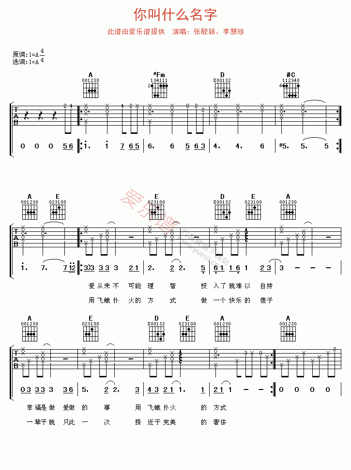 张靓颖、李慧珍《你叫什么名字》 吉他谱