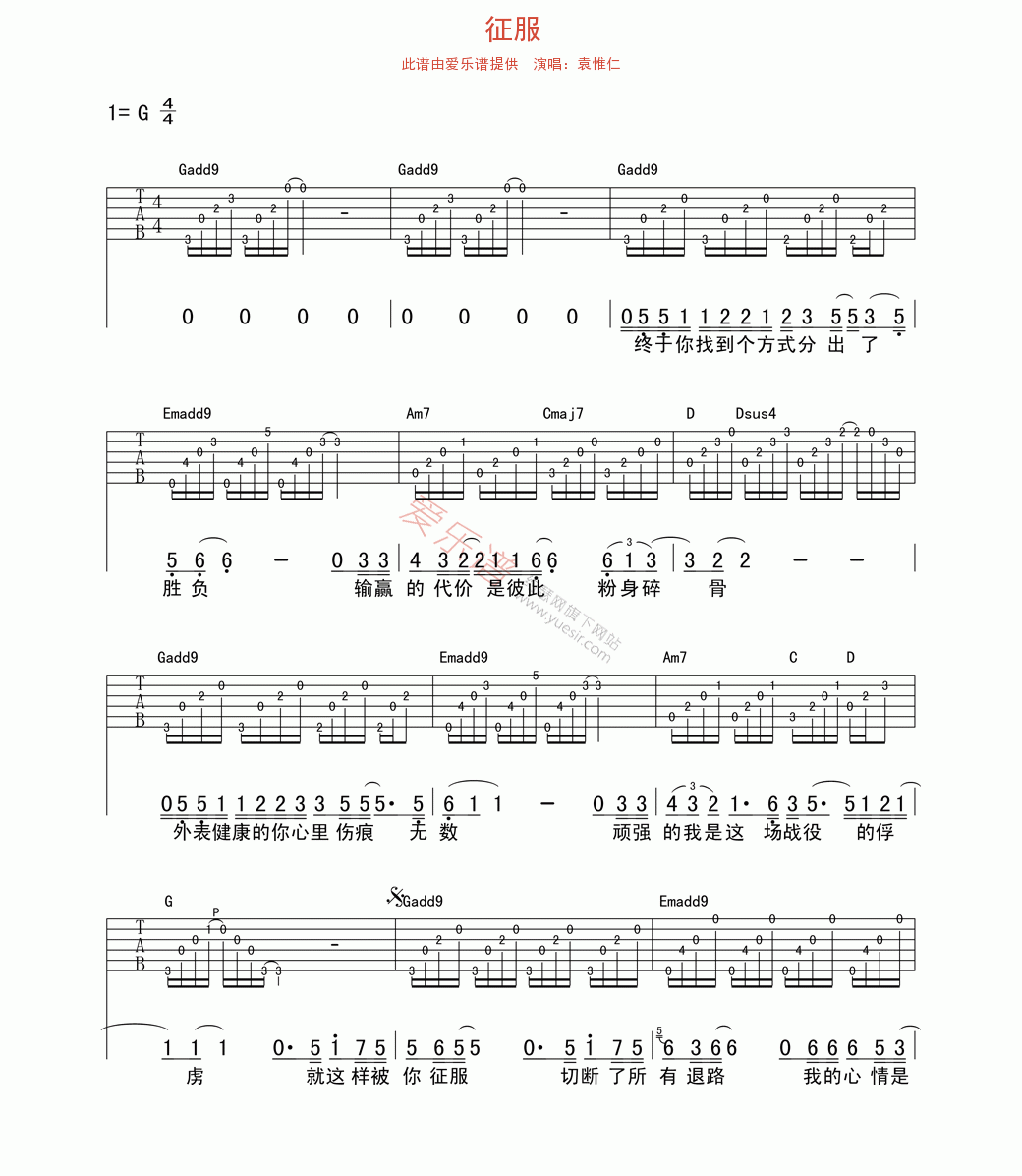 袁惟仁《征服》 吉他谱