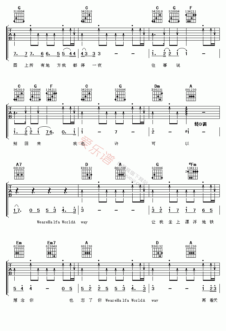 李宇春《漂浮地铁》 吉他谱