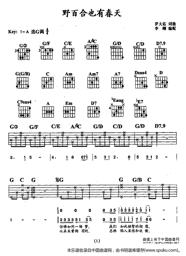野百合也有春天（李刚编配版） 吉他谱