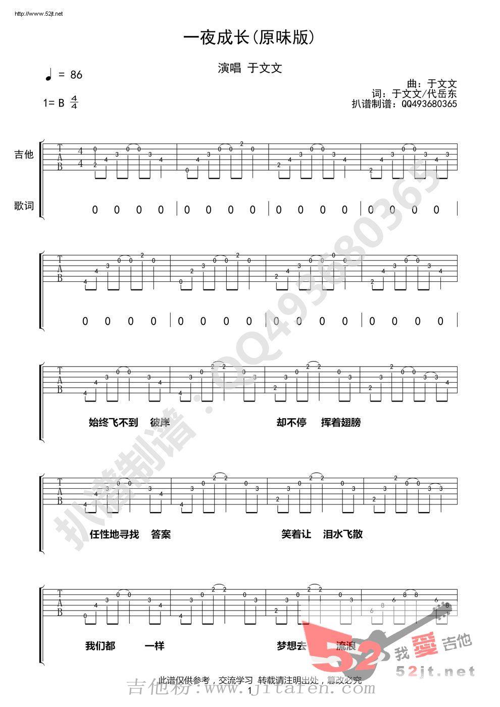 一夜成长 原味版 吉他谱