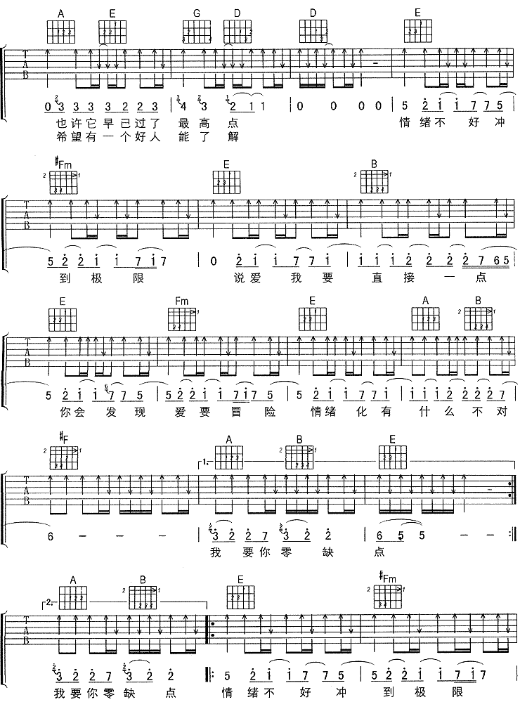 零缺点（孙燕姿） 吉他谱