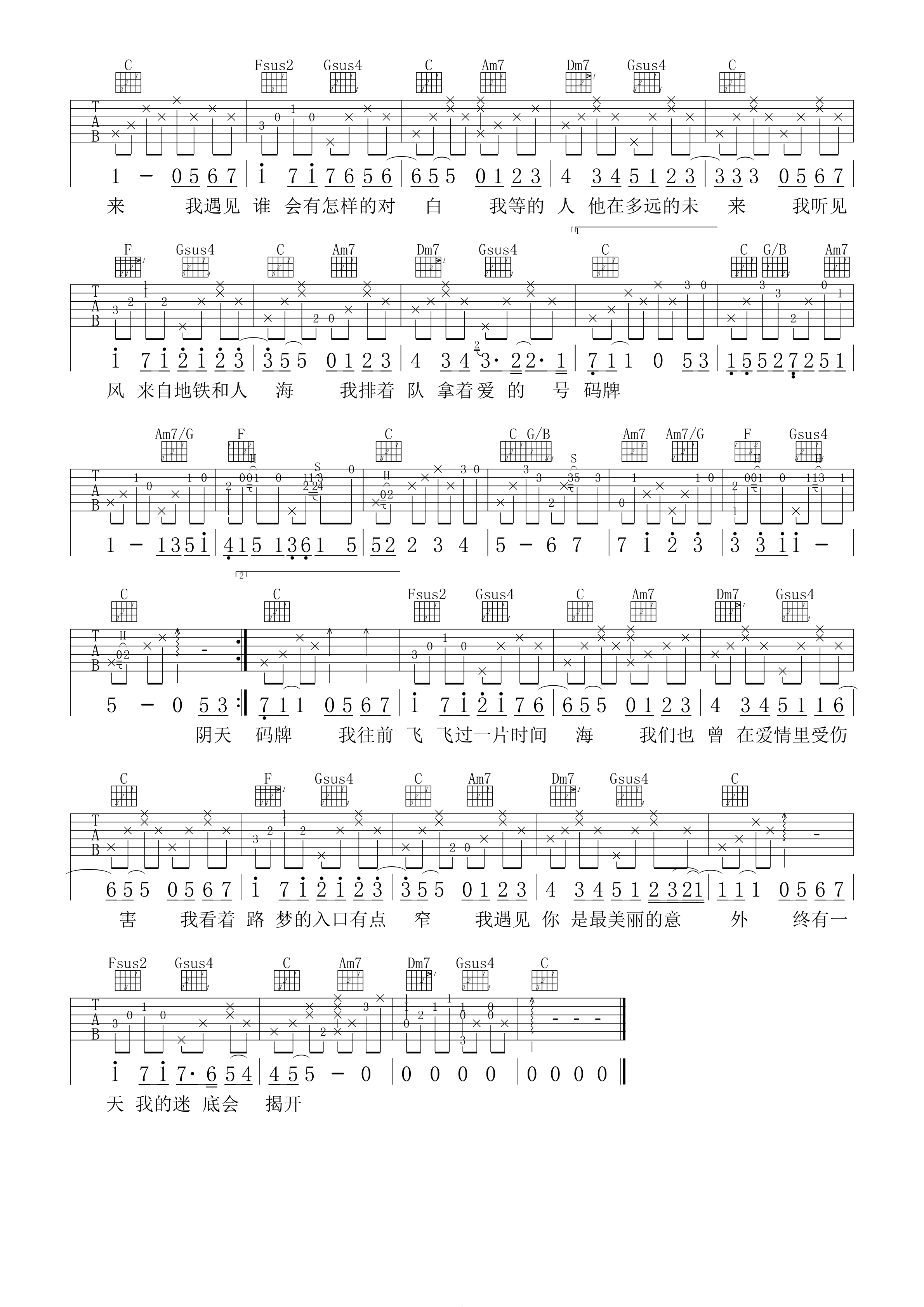 男声版吉他弹唱《遇见》 吉他谱