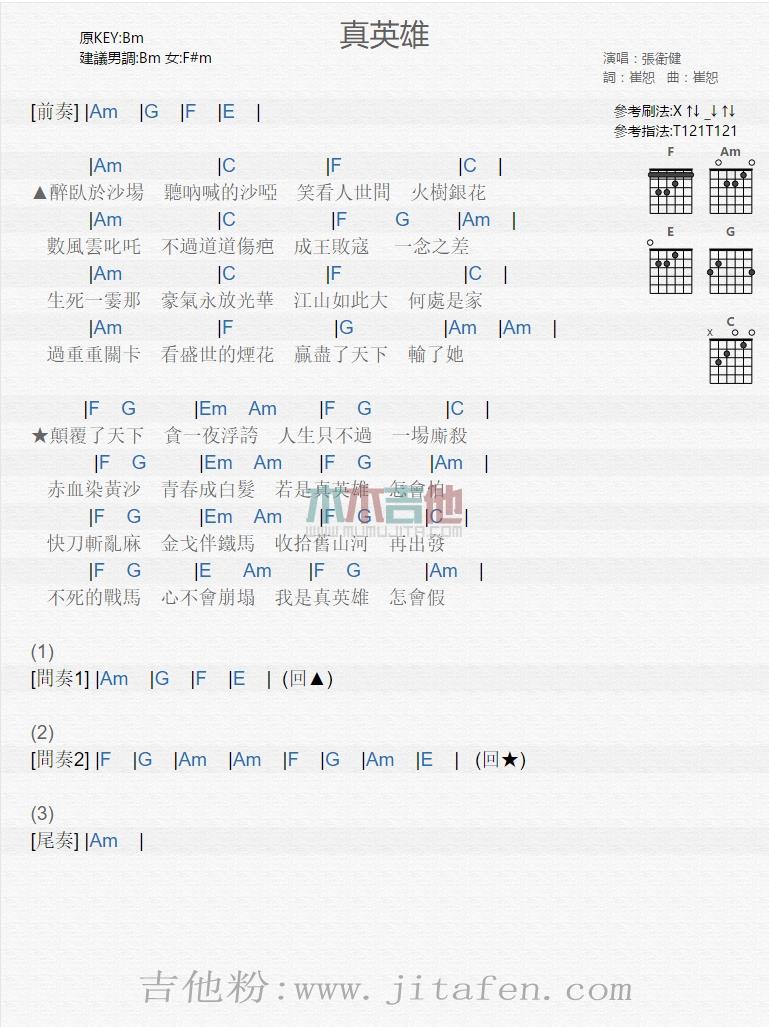 真英雄 吉他谱