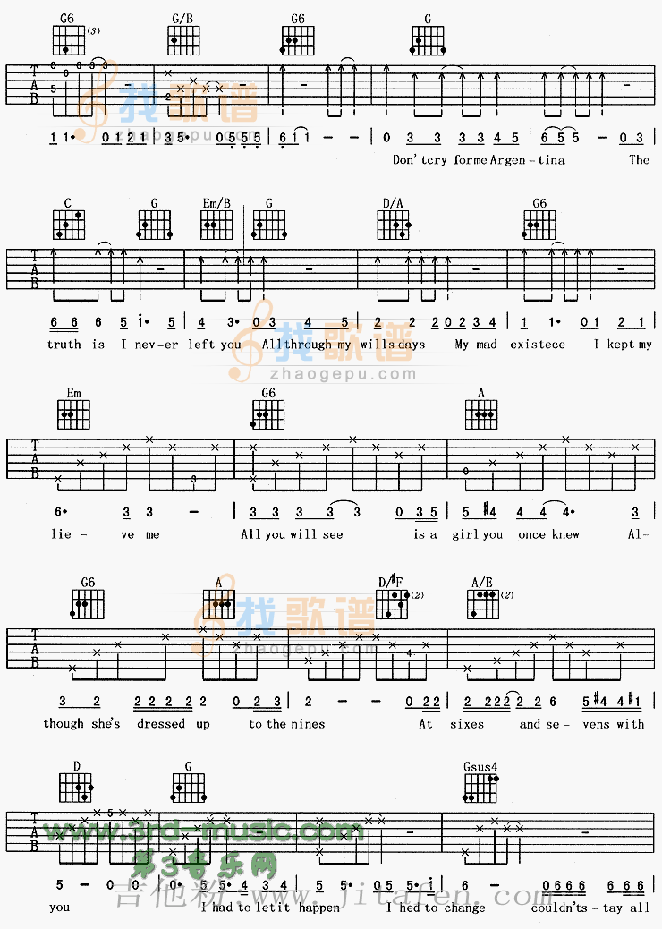 阿根廷别为我哭泣(《贝隆夫人》主题歌) 吉他谱