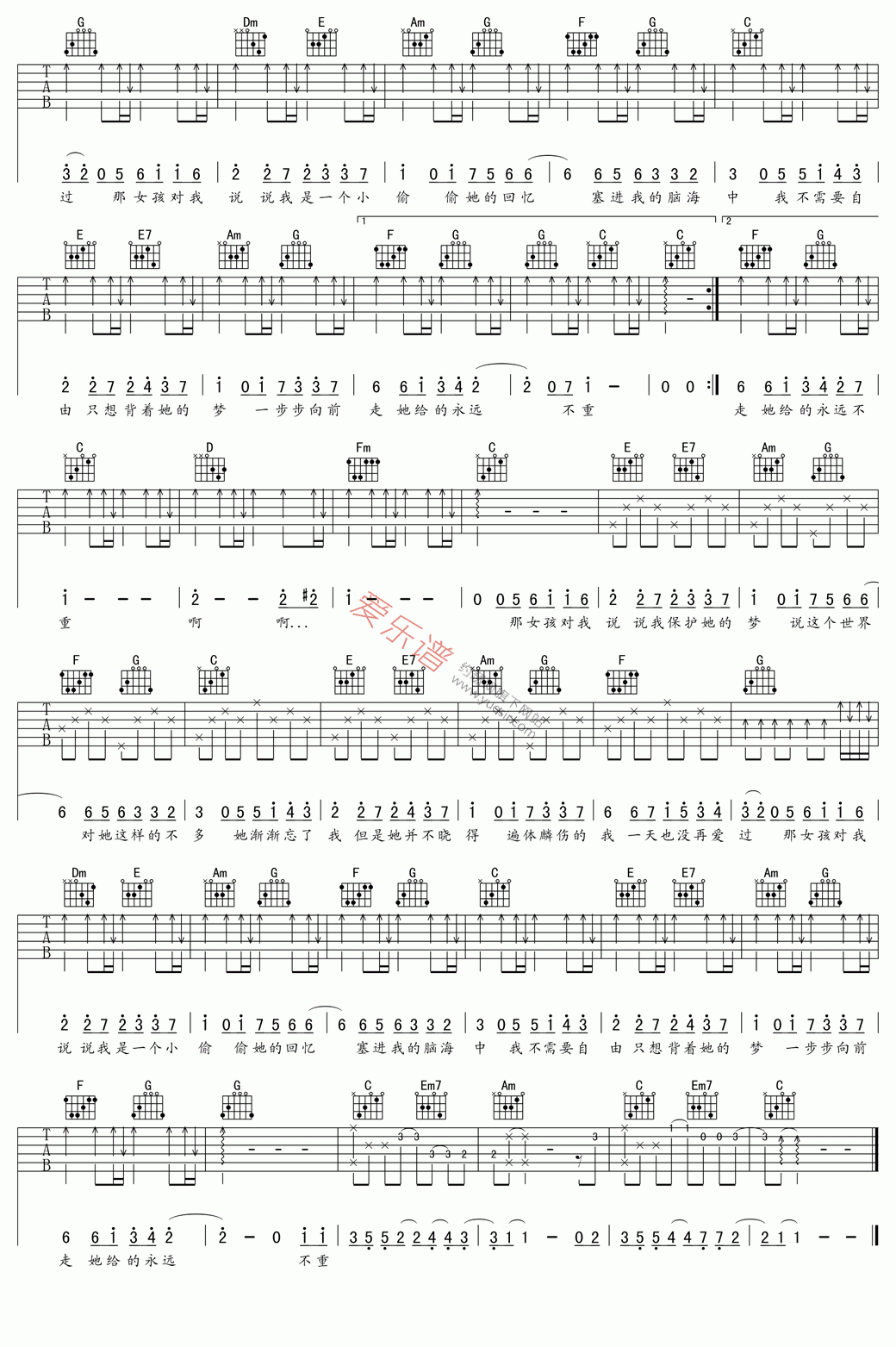 黄义达《那女孩对我说》 吉他谱
