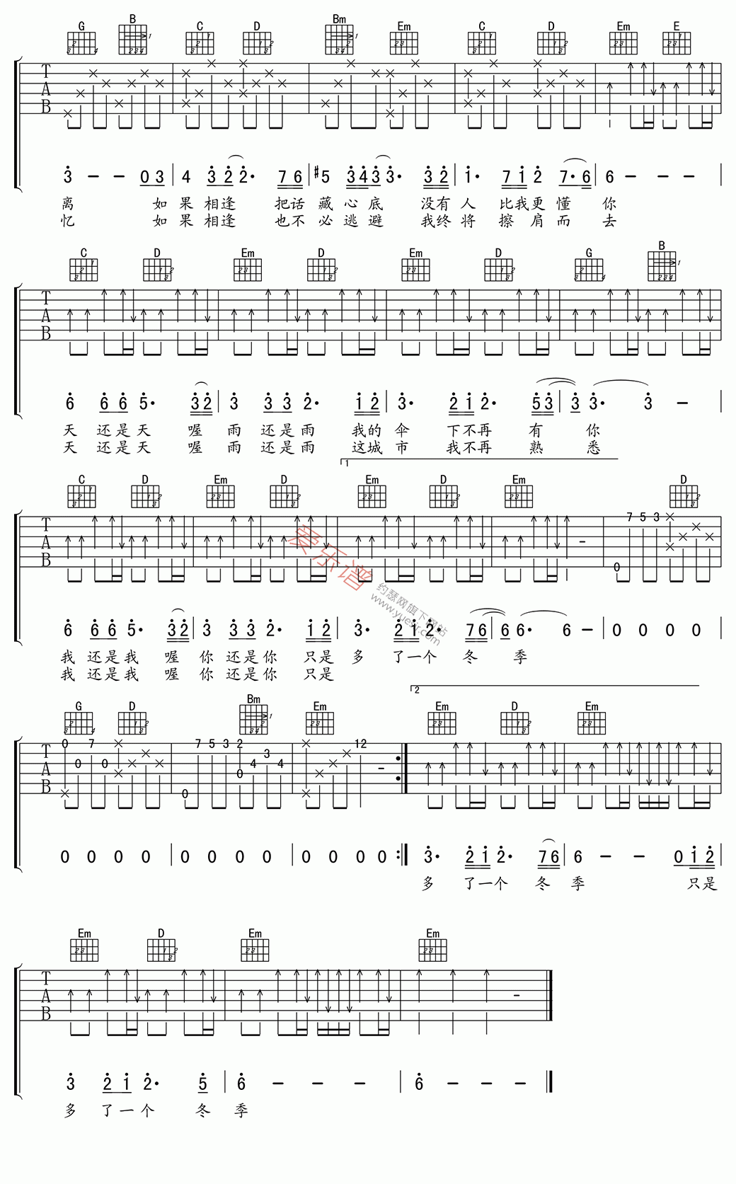 孟庭苇《冬季到台北来看雨》 吉他谱