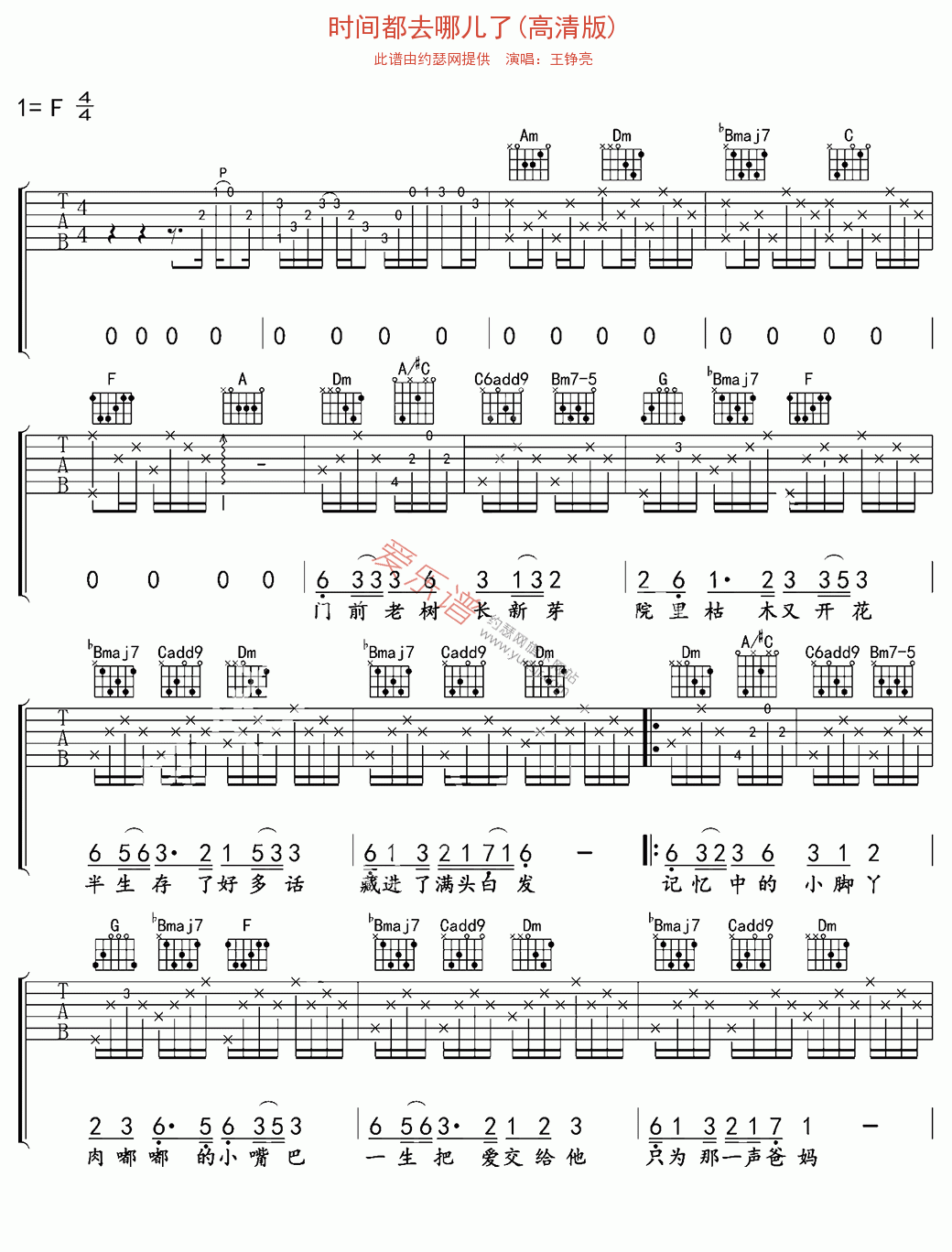 王铮亮《时间都去哪儿了(高清版)》 吉他谱