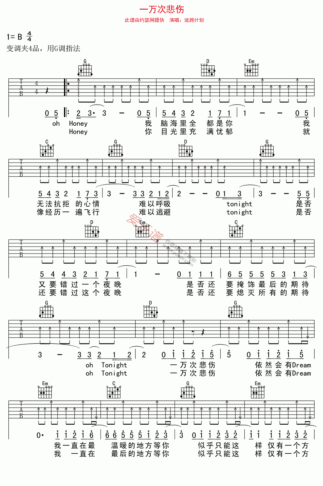 逃跑计划《一万次悲伤》 吉他谱