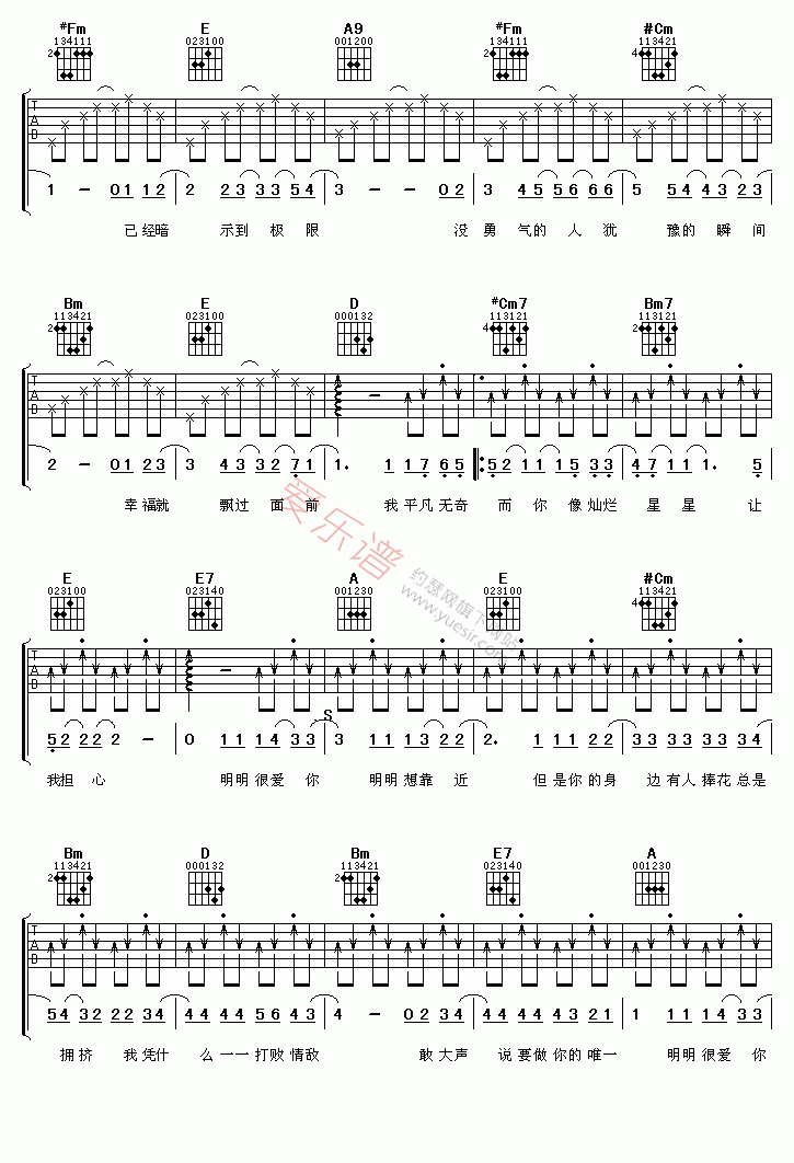 黄品冠、梁静茹《明明很爱你》 吉他谱