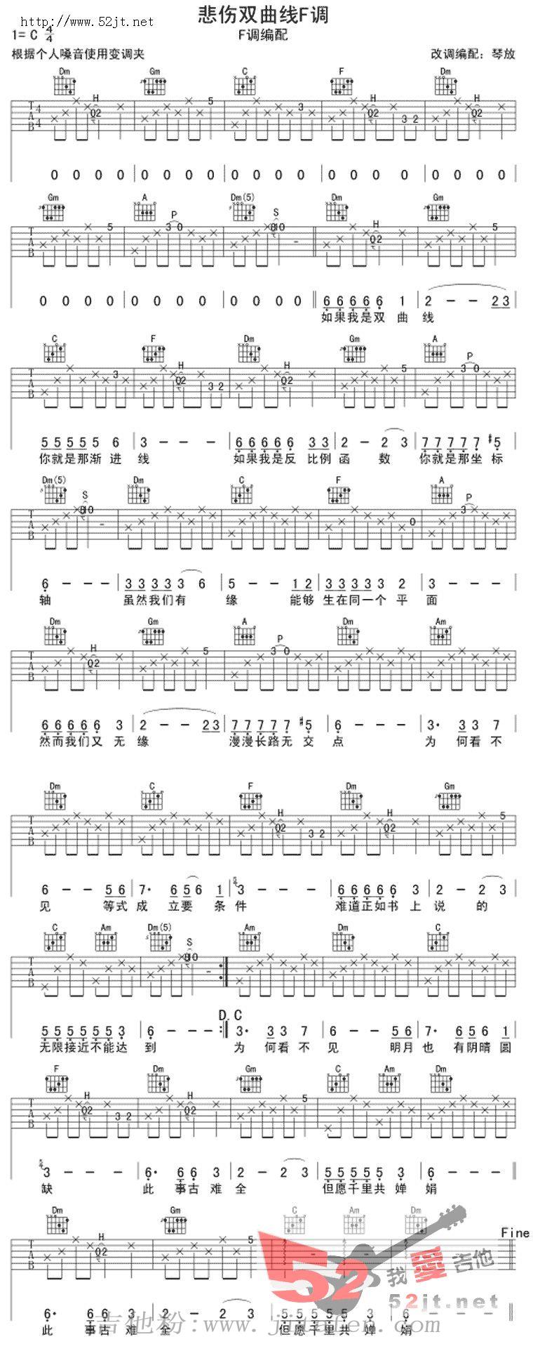 悲伤双曲线F调 吉他谱