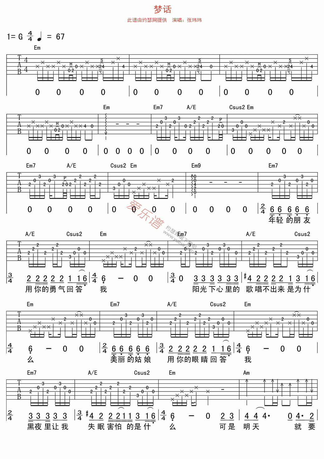 张玮玮《梦话》 吉他谱