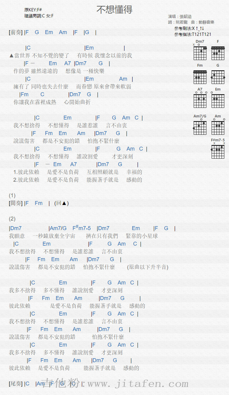 不想懂得 吉他谱