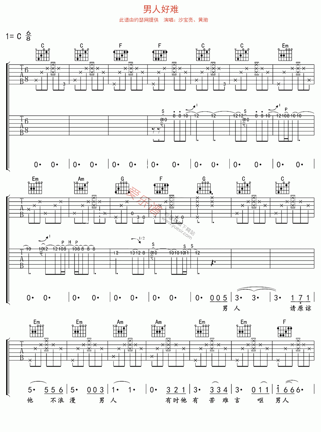 沙宝亮、黄渤《男人好难》 吉他谱