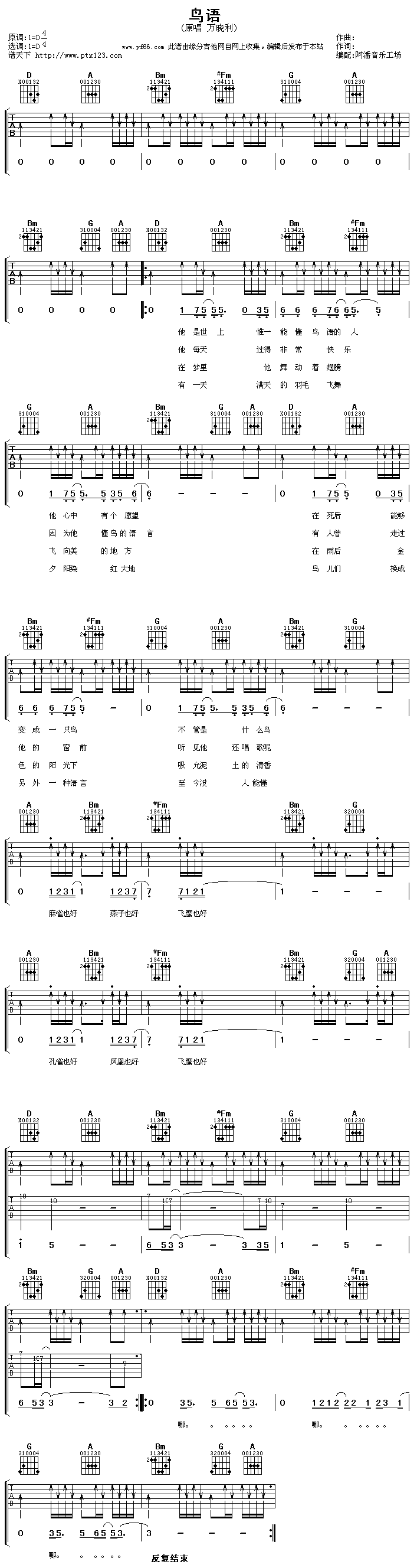 鸟语 吉他谱