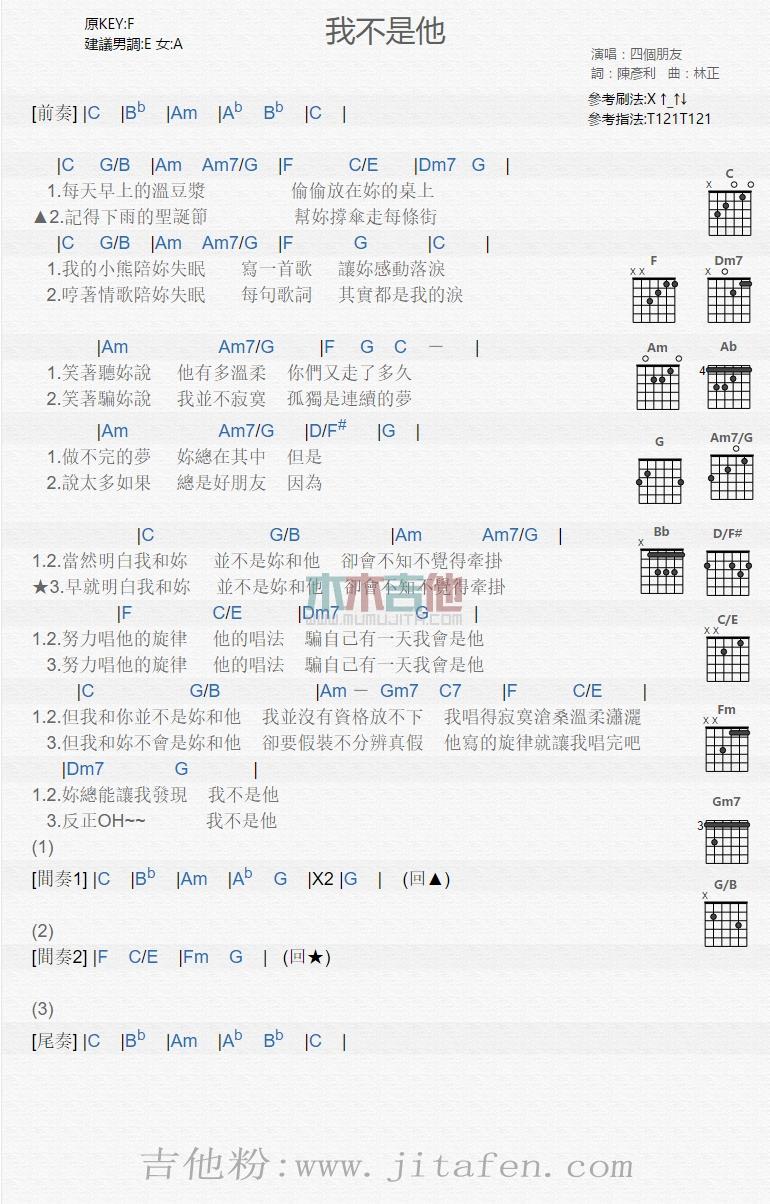 我不是他 吉他谱