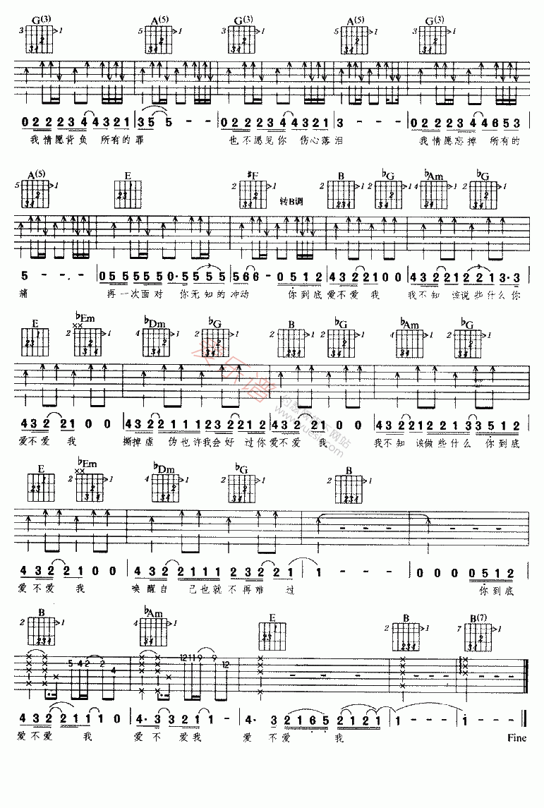 零点乐队《爱不爱我》 吉他谱