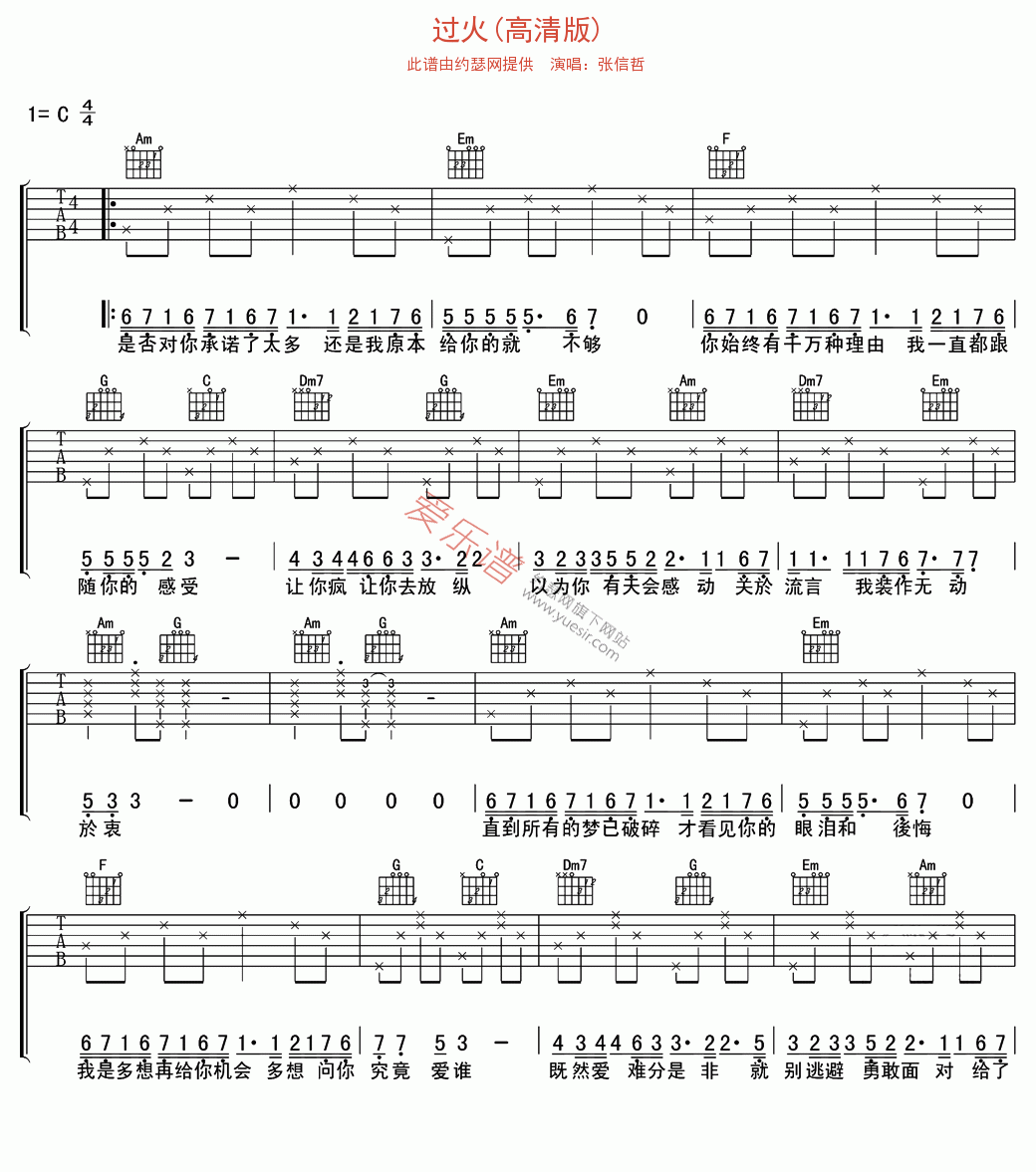 张信哲《过火(高清版)》 吉他谱