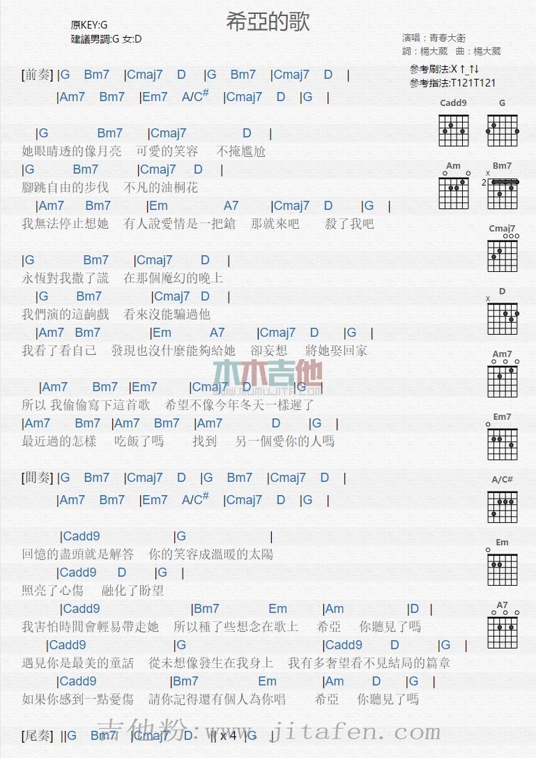 希亚的歌 吉他谱