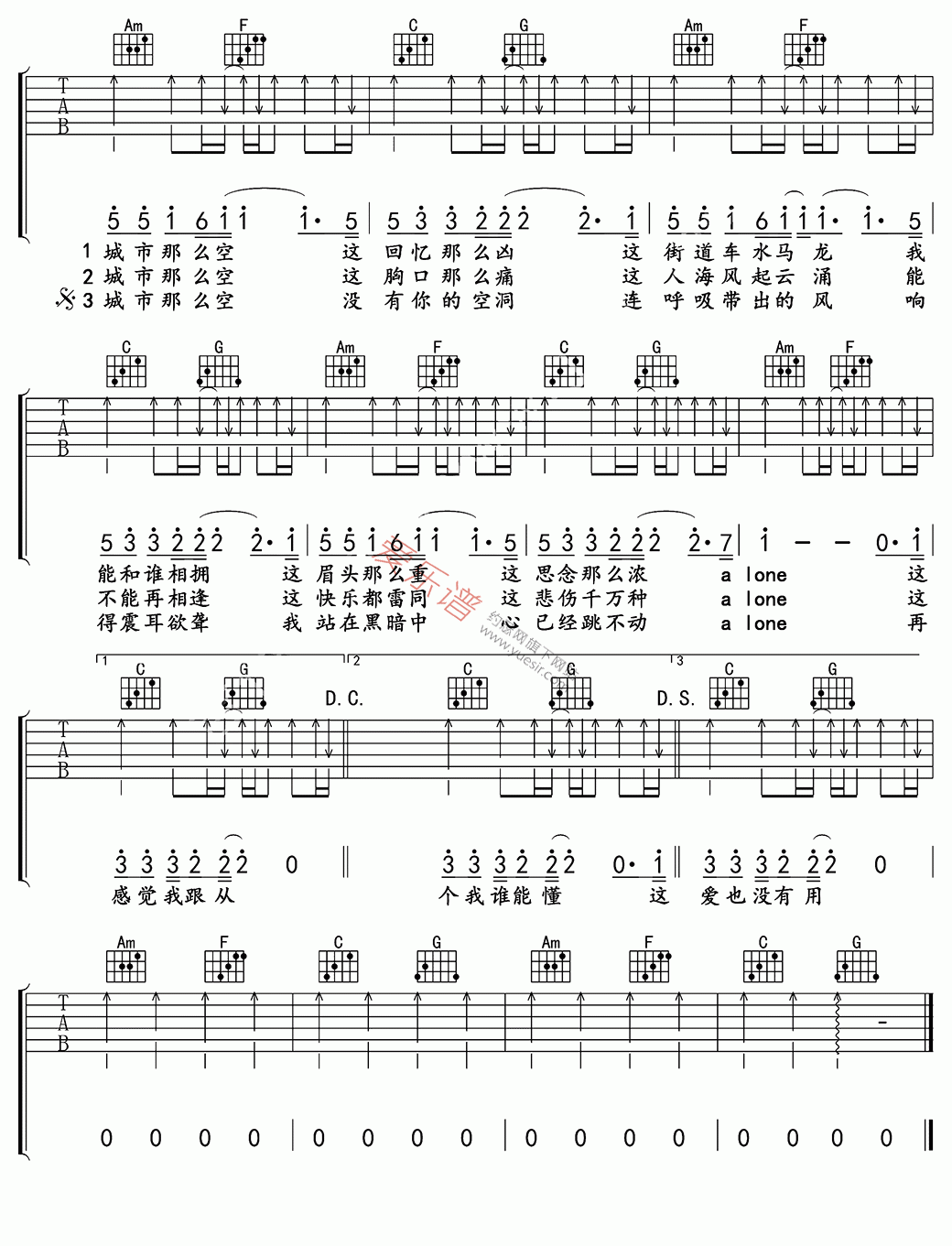 杨坤、金志文《空城》 吉他谱