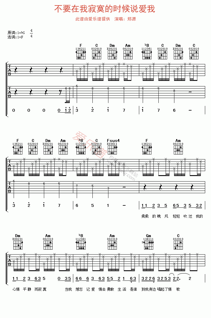 郑源《不要在我寂寞的时候说爱我》 吉他谱
