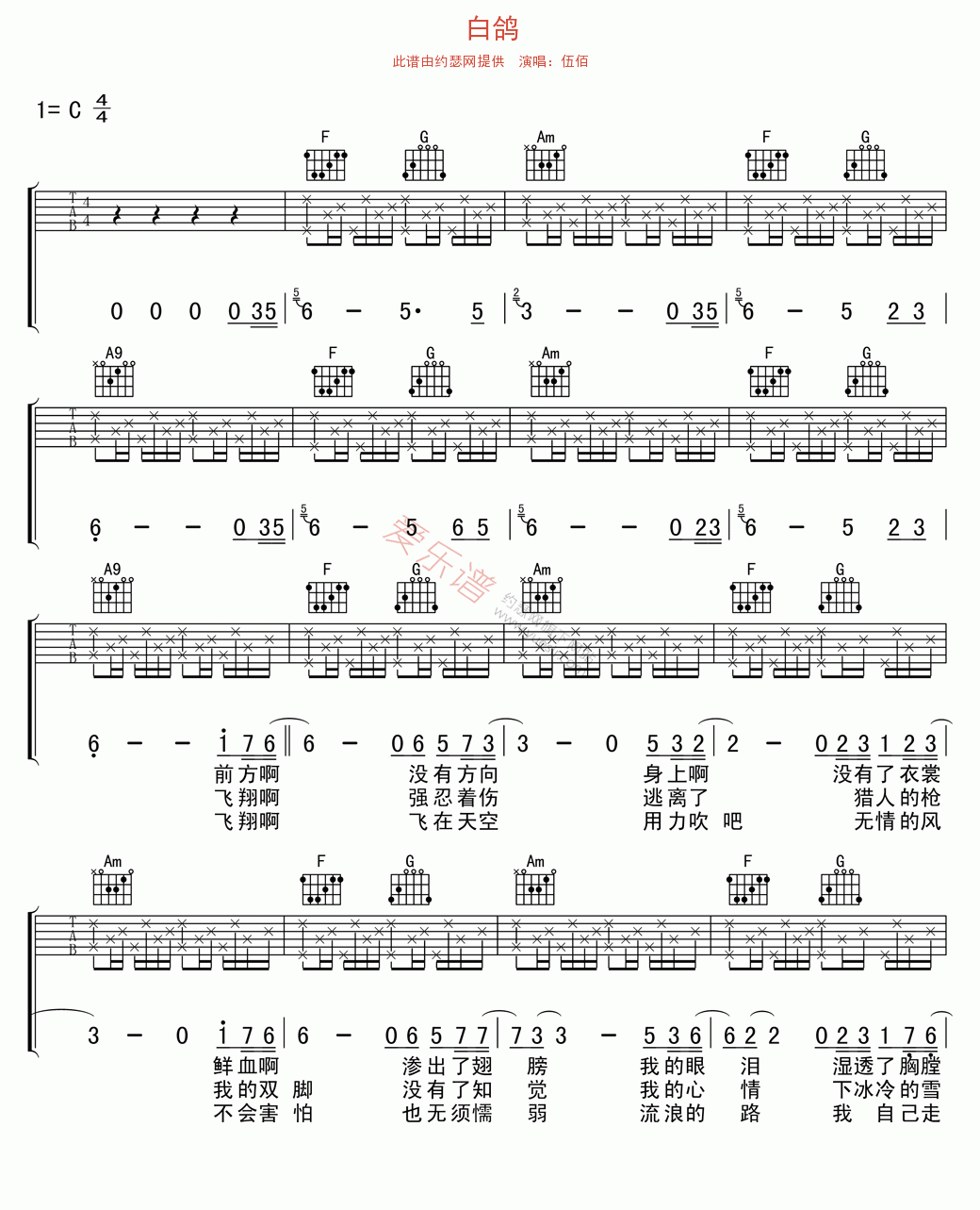 伍佰《白鸽》 吉他谱