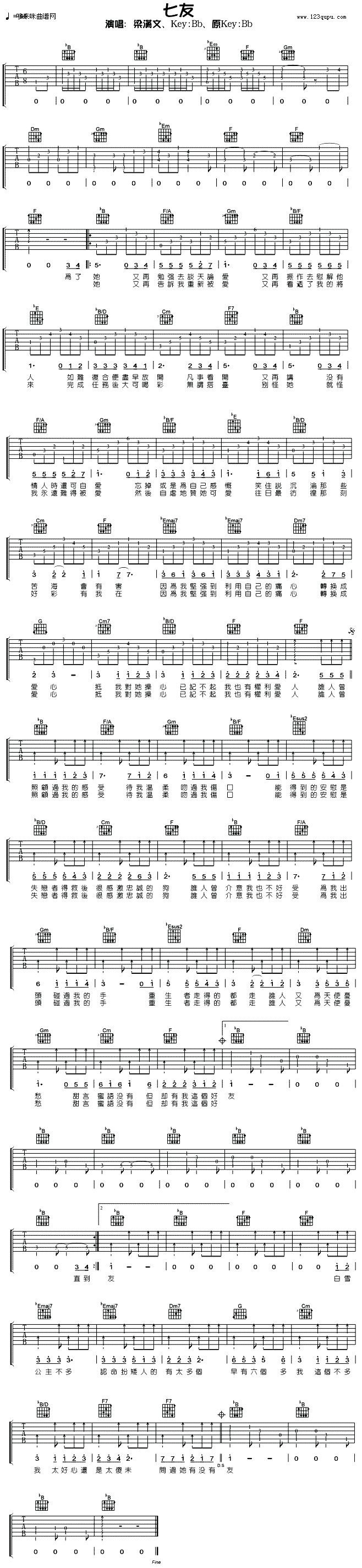 七友 (梁汉文) 吉他谱