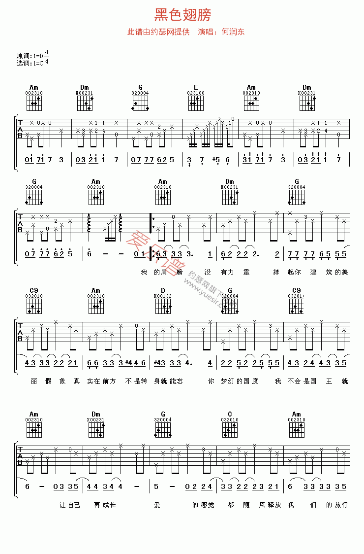 何润东《黑色翅膀》 吉他谱