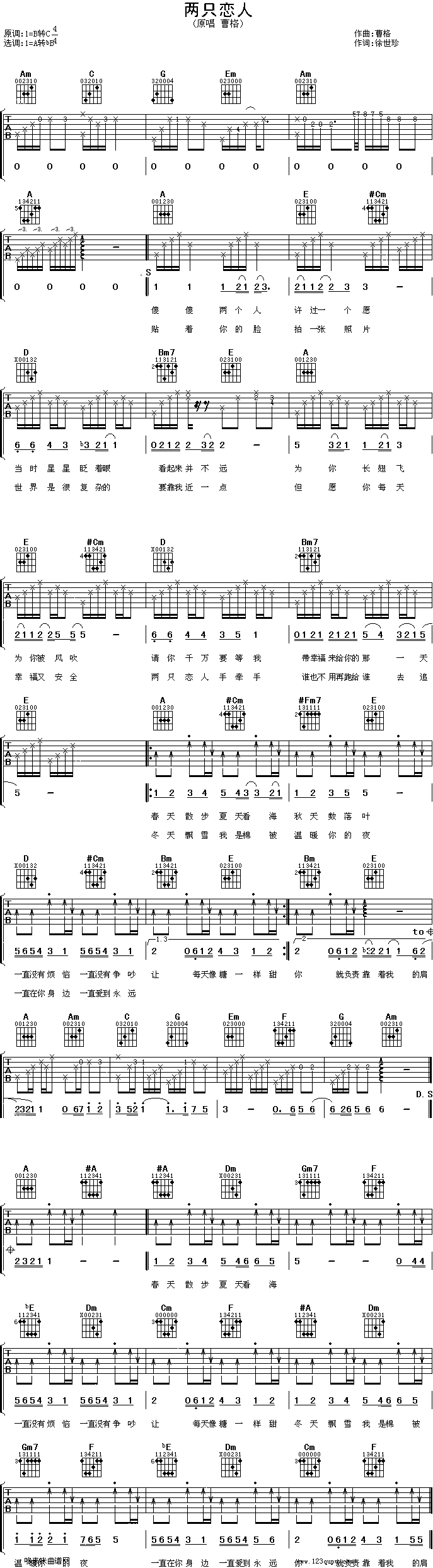 两只恋人—曹格 吉他谱