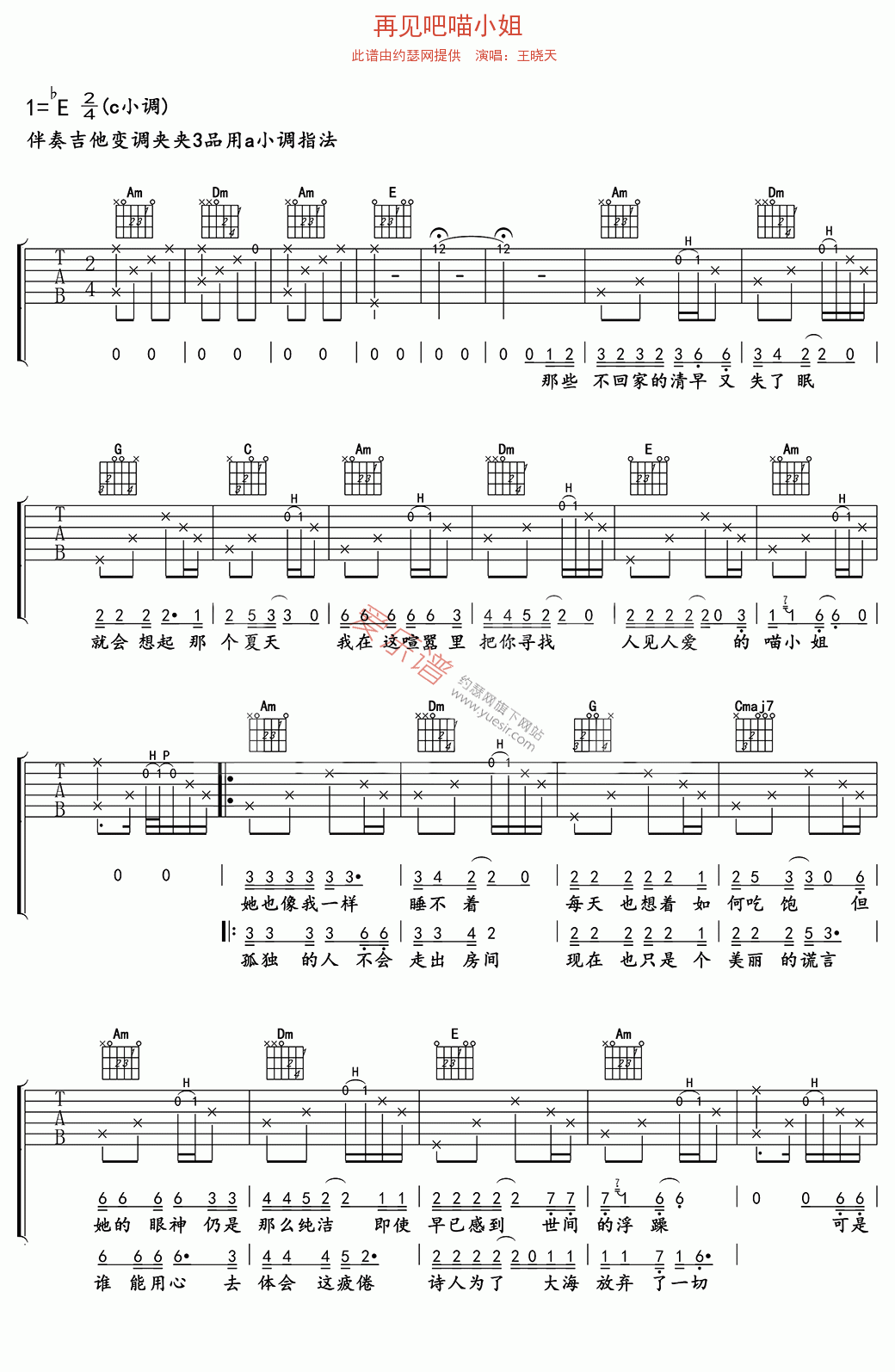 王晓天《再见吧喵小姐》 吉他谱